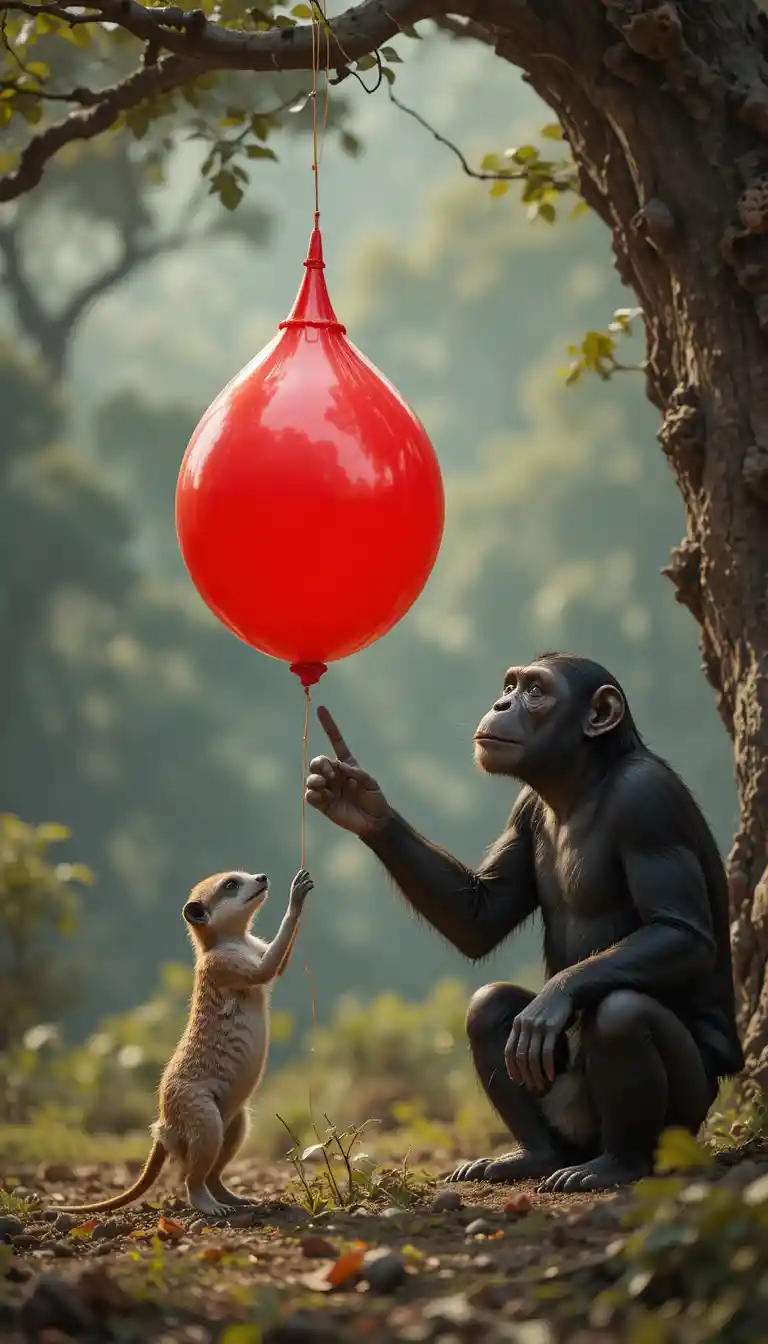 Chimpancé y Suricata Reaccionan a un Globo Rojo