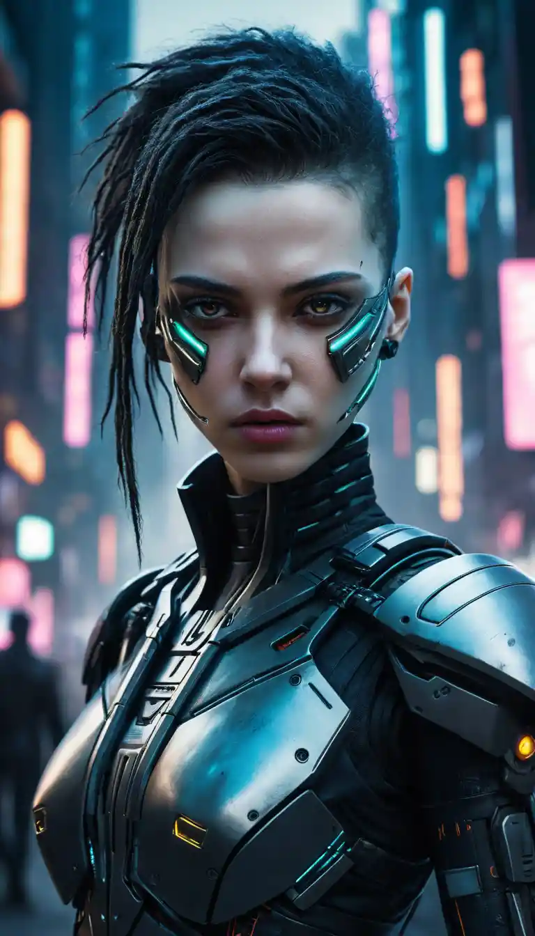 Cyberpunk warrior woman portrait in a twilight city
