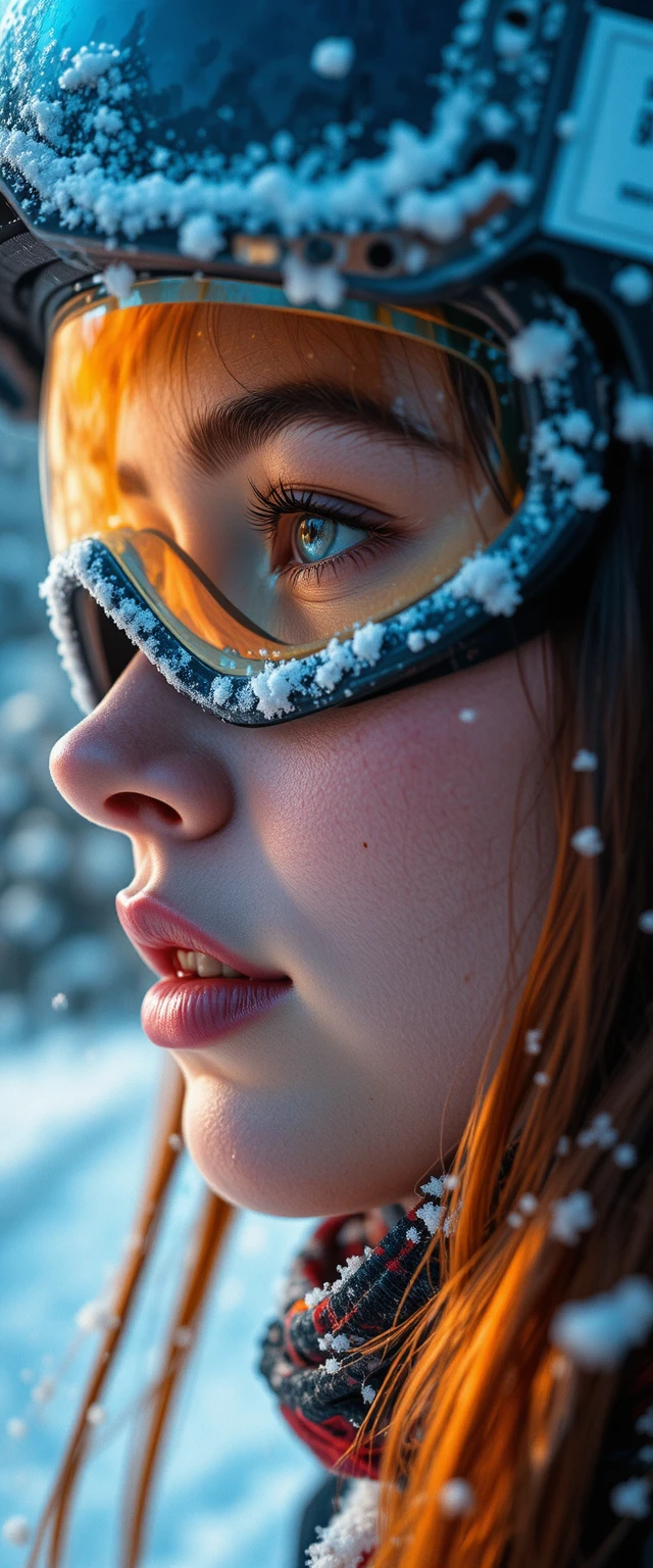 Athlète féminine concentrée en portrait cinématographique serré sous la neige