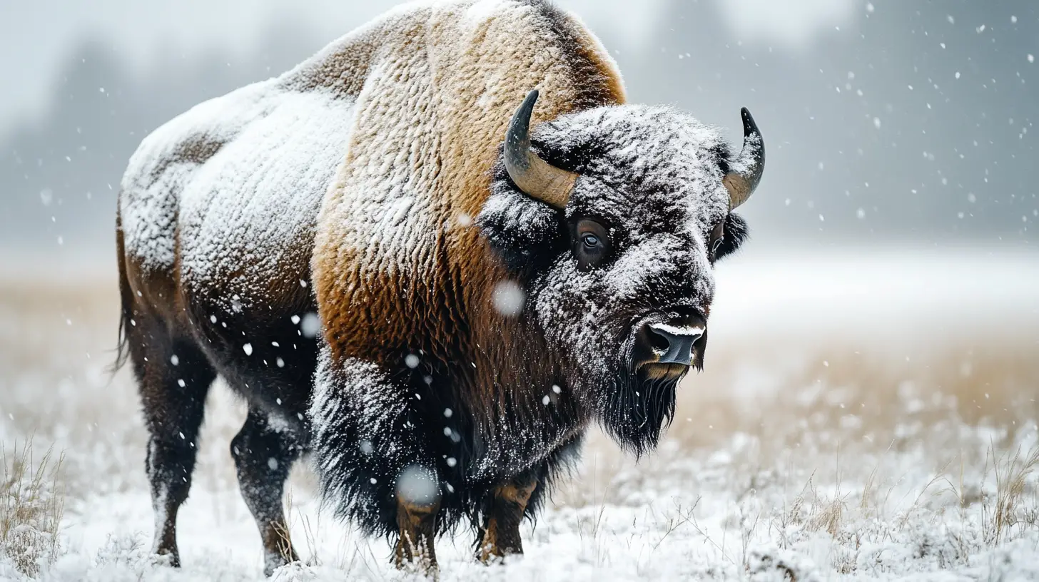 Majestic bison standing alone in a quiet snowy field