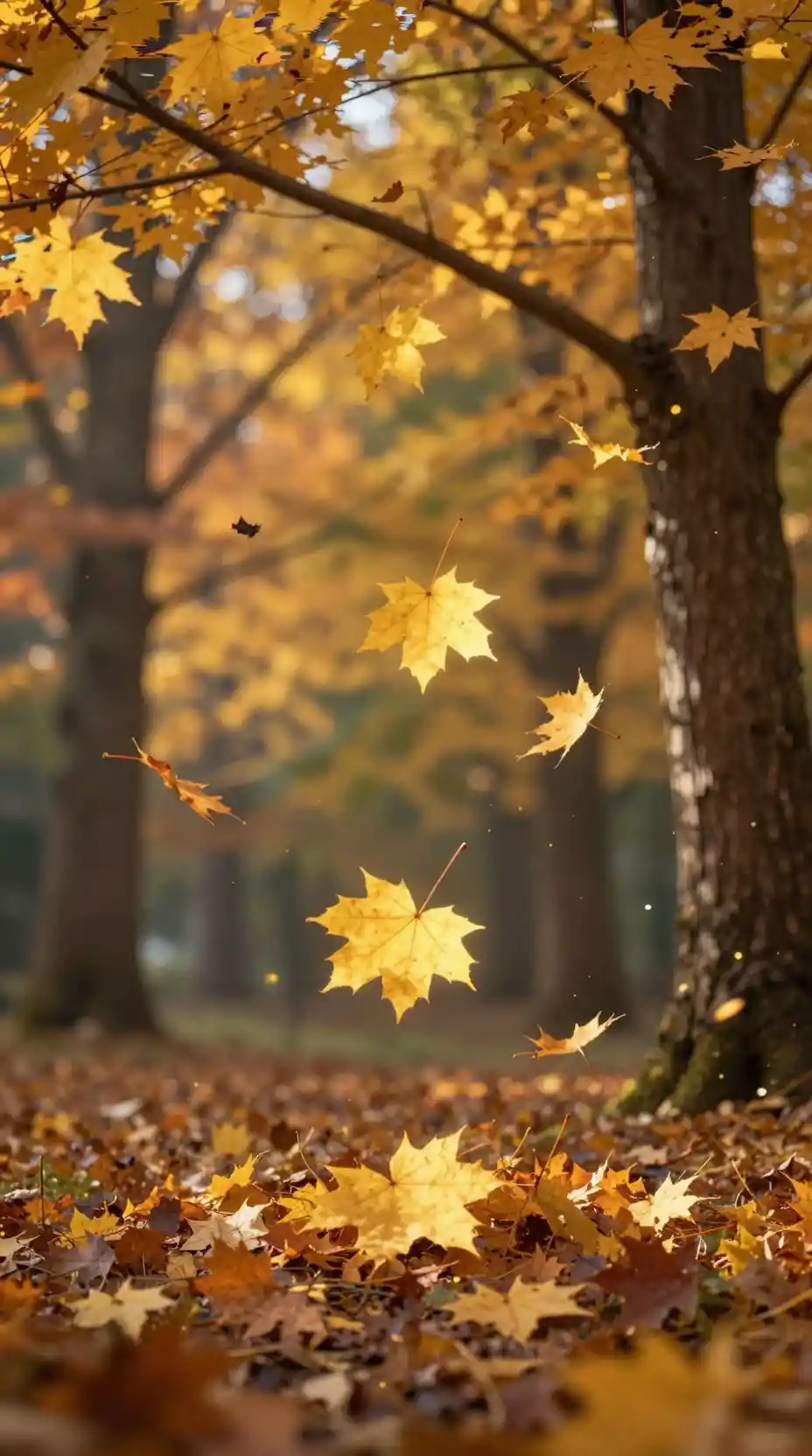 Hoja de arce dorada flotando en un cálido bosque de otoño