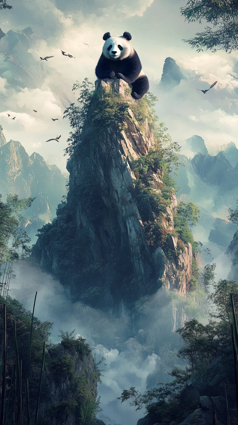 Panda majestoso em montanha enevoada sobre floresta de bambu exuberante