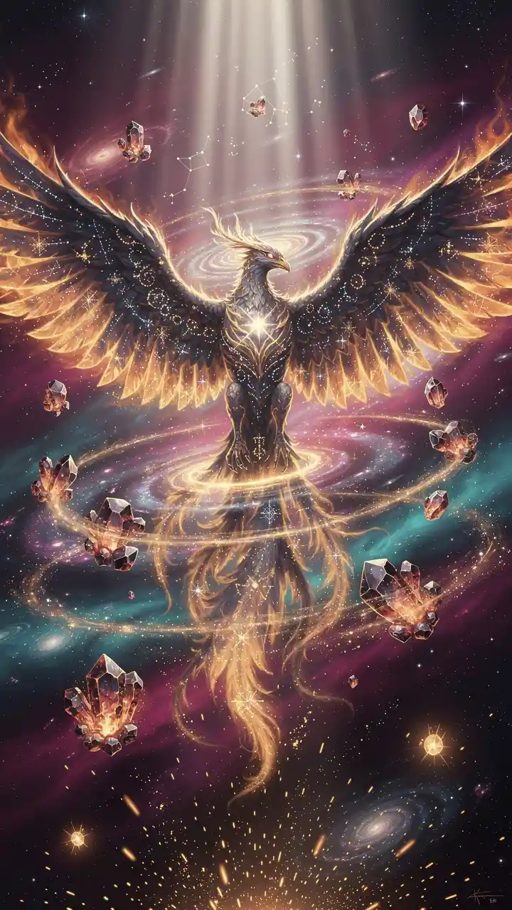 Celestial phoenix rising through a glowing cosmic nebula