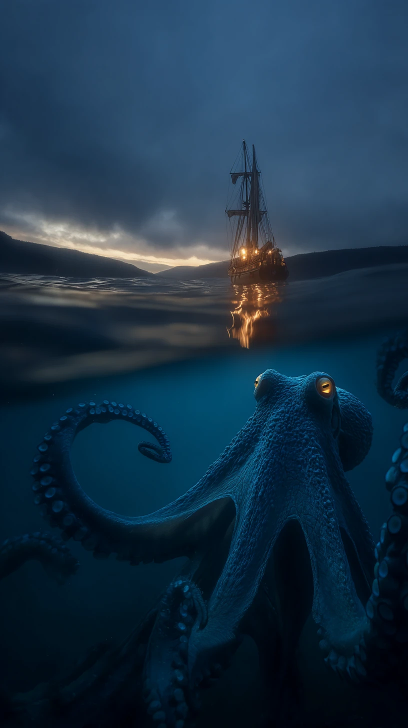 Vue sous-marine d’un voilier au‑dessus d’une pieuvre géante menaçante