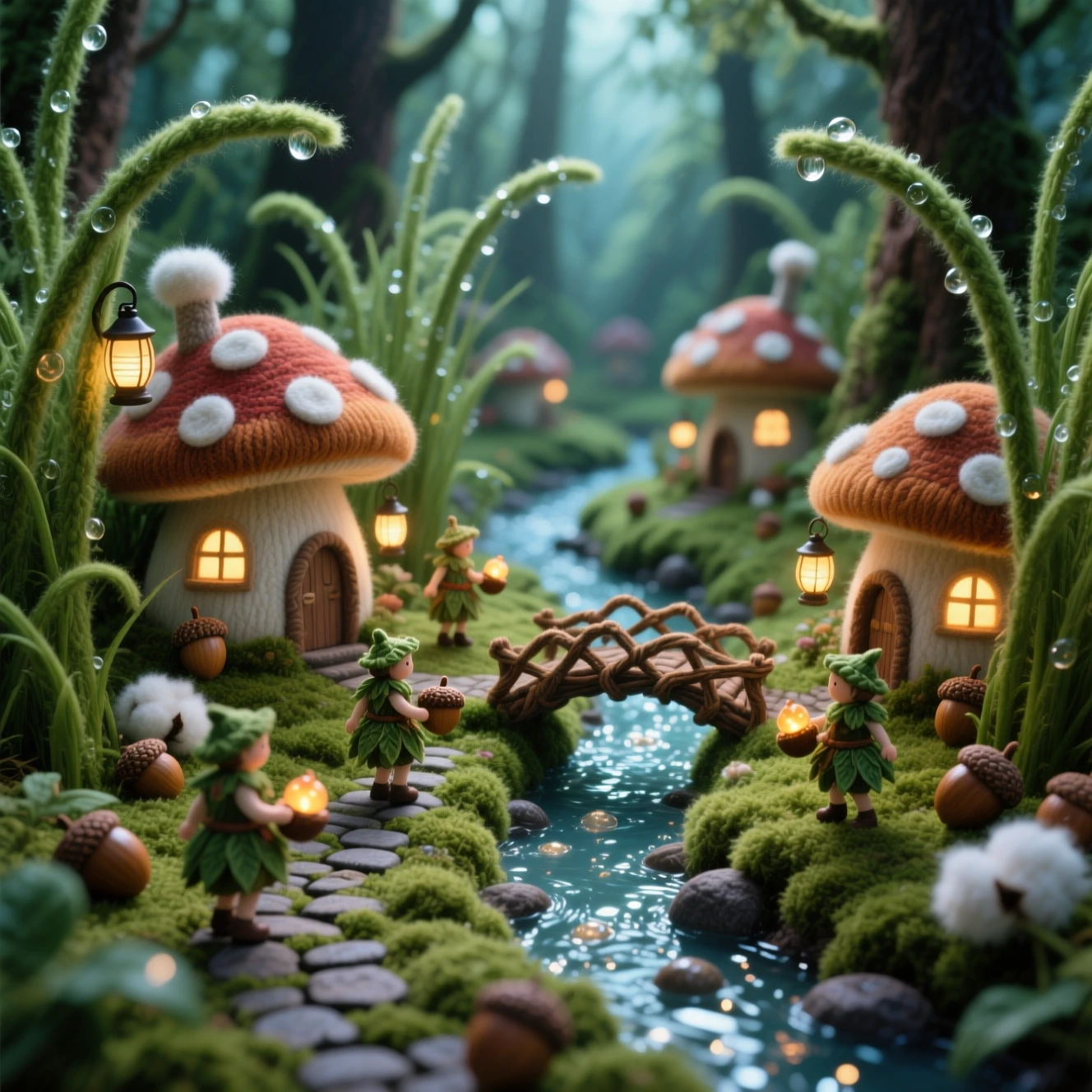 Villaggio di Funghi in Miniatura su un Pavimento di Foresta di Lana