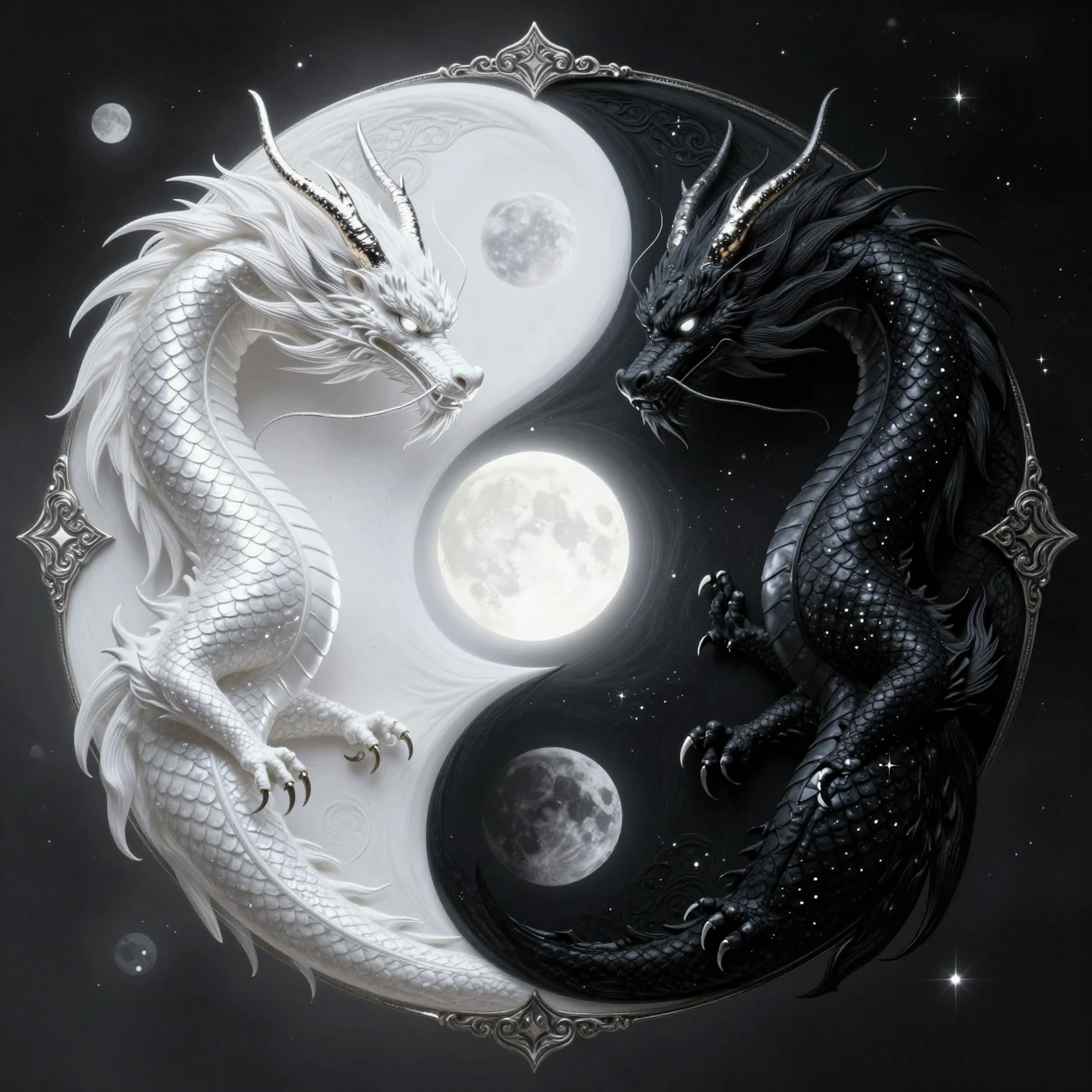 Duas dragões formando um yin yang luminoso sob o luar
