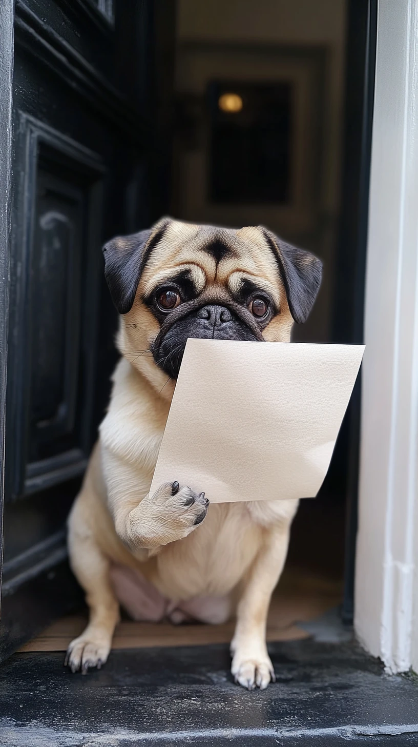 Dolce carlino corriere seduto con una lettera sulla porta