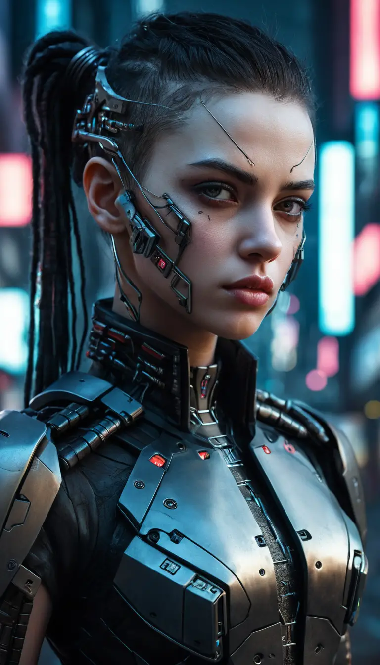 Cyberpunk-Kriegerin im Porträt in einer Stadt bei Dämmerung