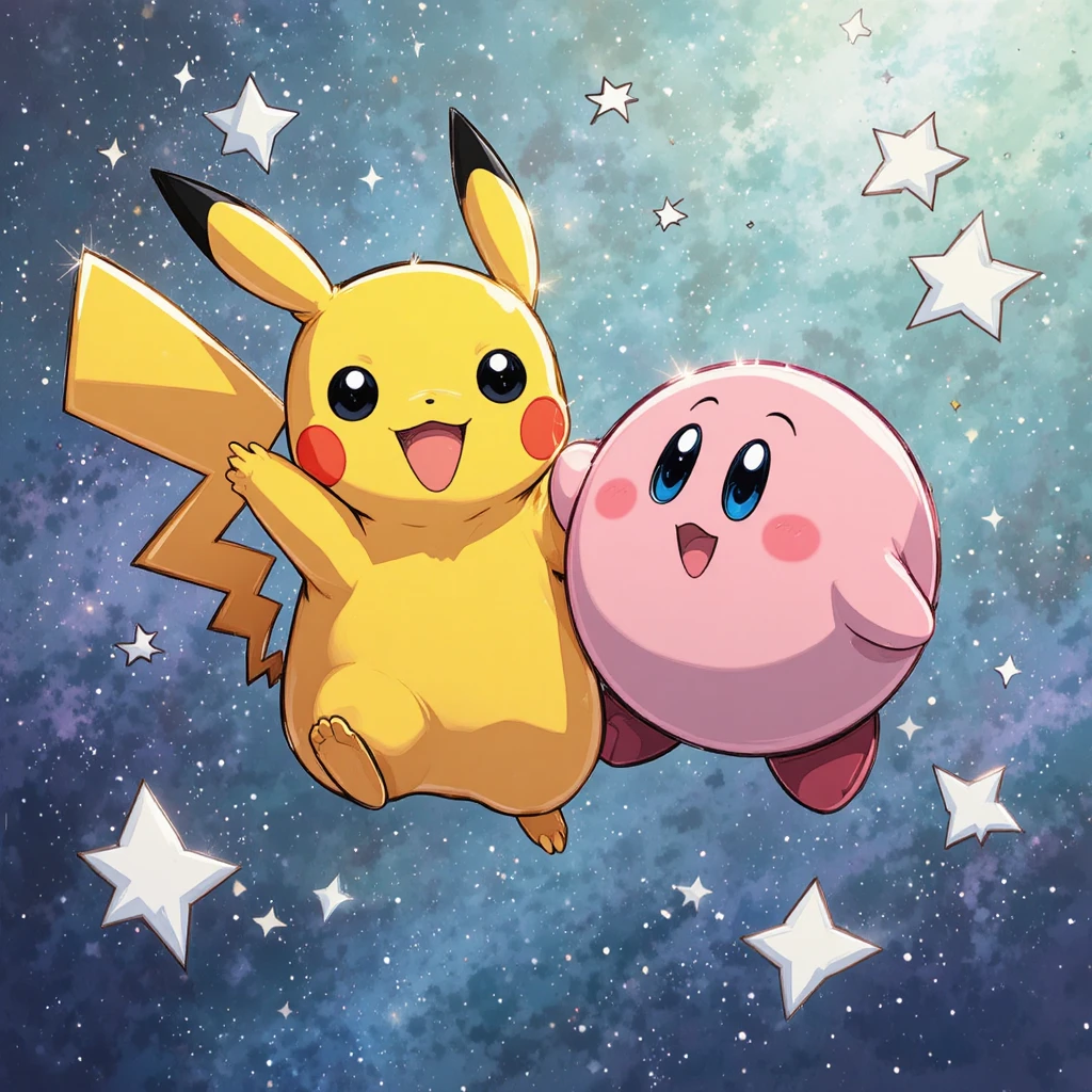 Personnages de dessin animé flottant ensemble dans l’espace parmi les étoiles