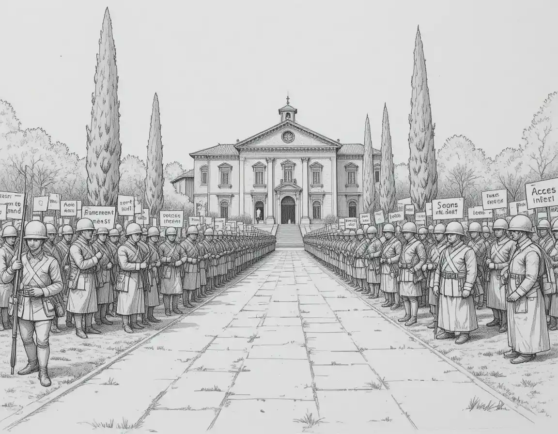 Soldati e civili all’ingresso di un posto di blocco militare