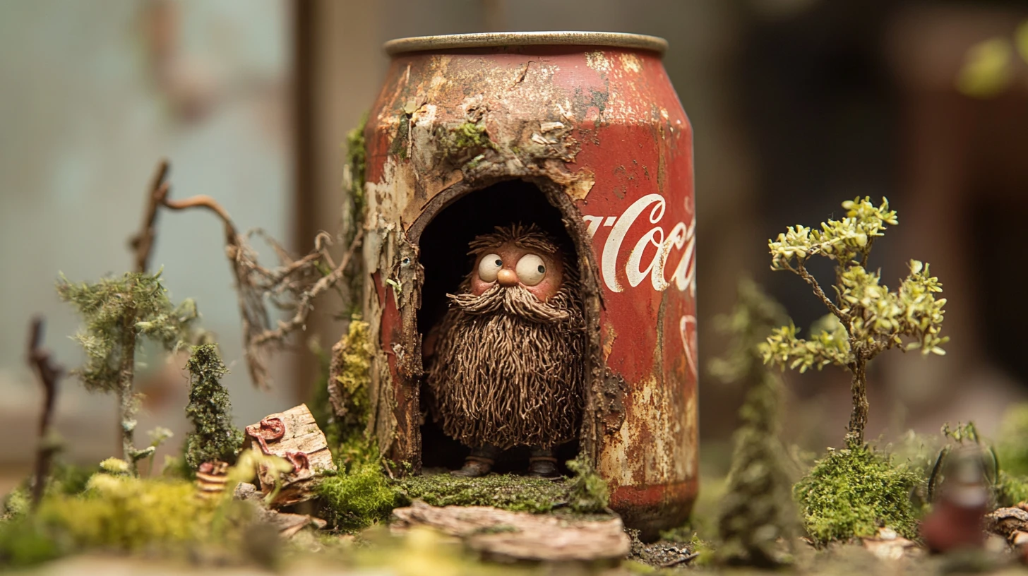 Minuscule créature barbu vivant dans une maison rustique en canette de soda
