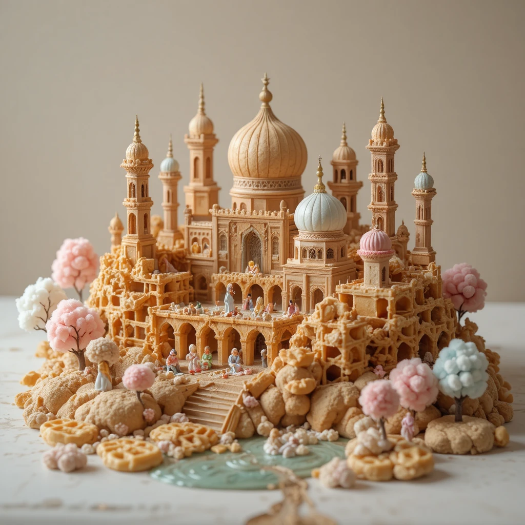 Paisagem urbana em miniatura de waffles com rio de xarope e tons pastéis
