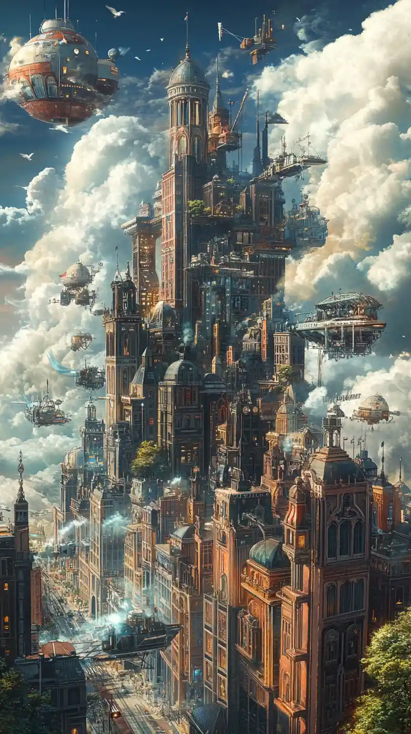 Cidade fantástica de arranha‑céus repleta de energia musical