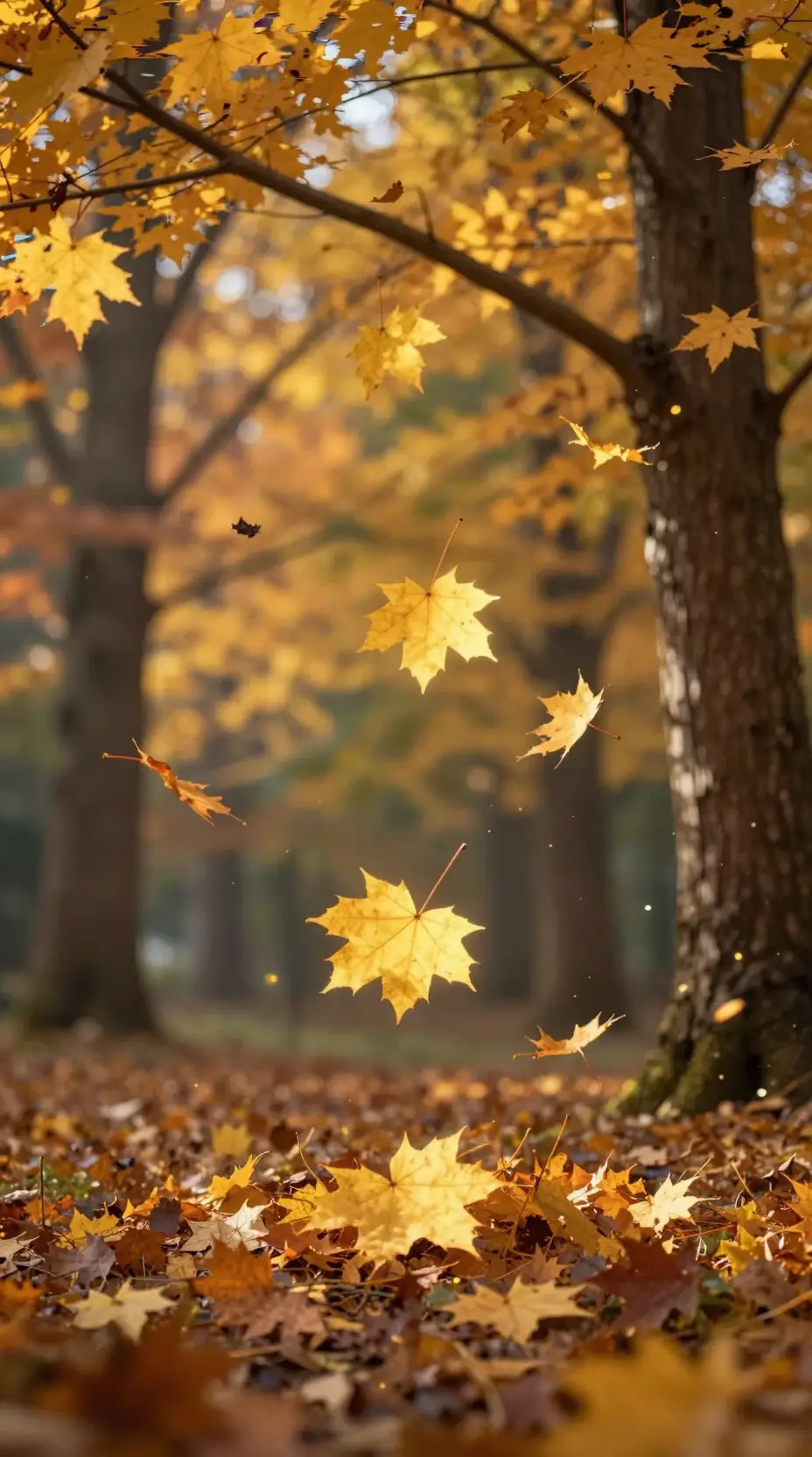 Goldenes Ahornblatt schwebt im warmen Herbstwald