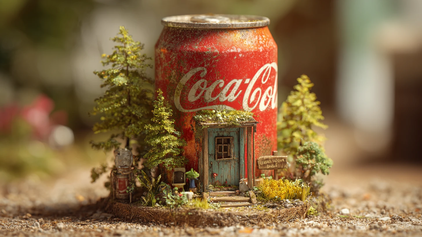 Maison en canette de soda rouillée avec jardin pour minuscule créature barbu