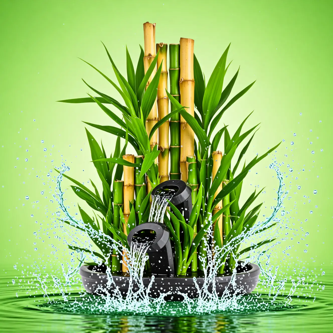 Serene Bamboo Fountain With Lush Aquatic Plants And Water Art