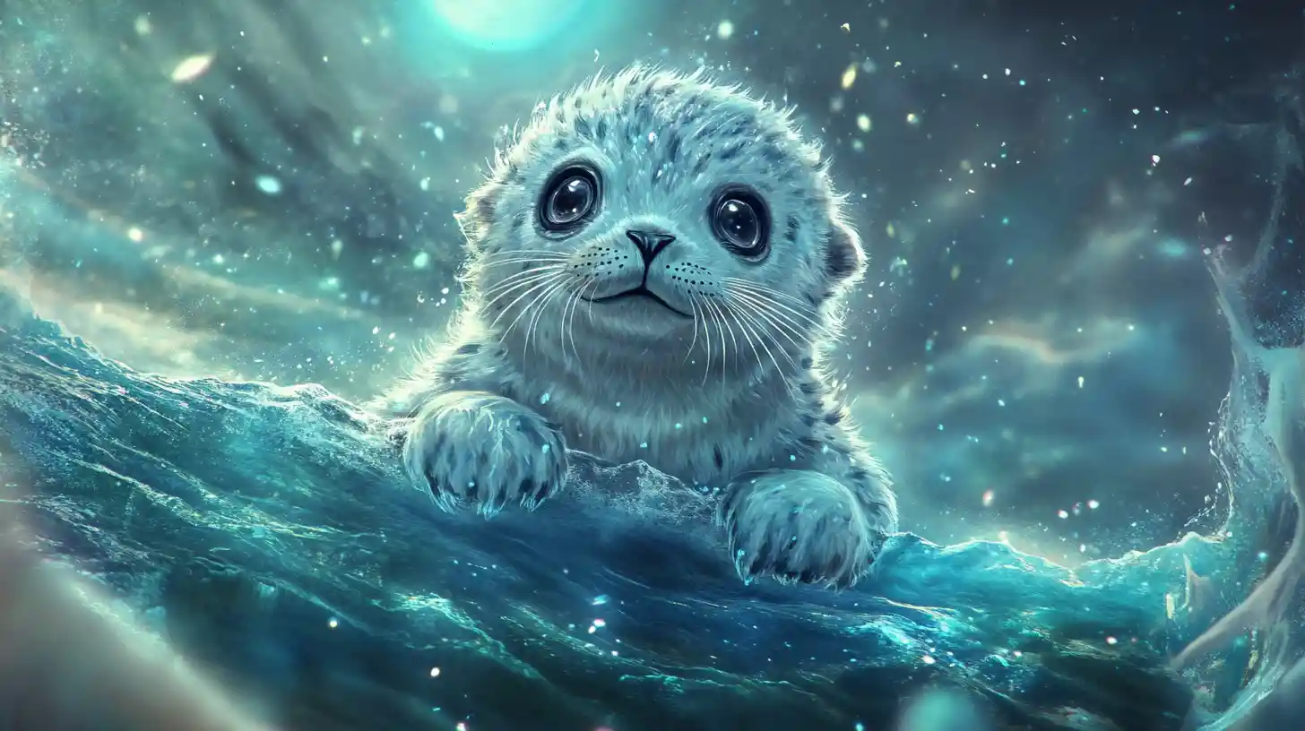 Cucciolo di foca su una cornice di ghiaccio sotto un cielo magico al chiaro di luna