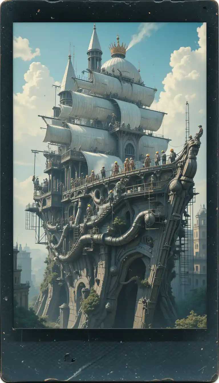 Palácio surreal de navio pirata flutuando sobre um mar de nuvens
