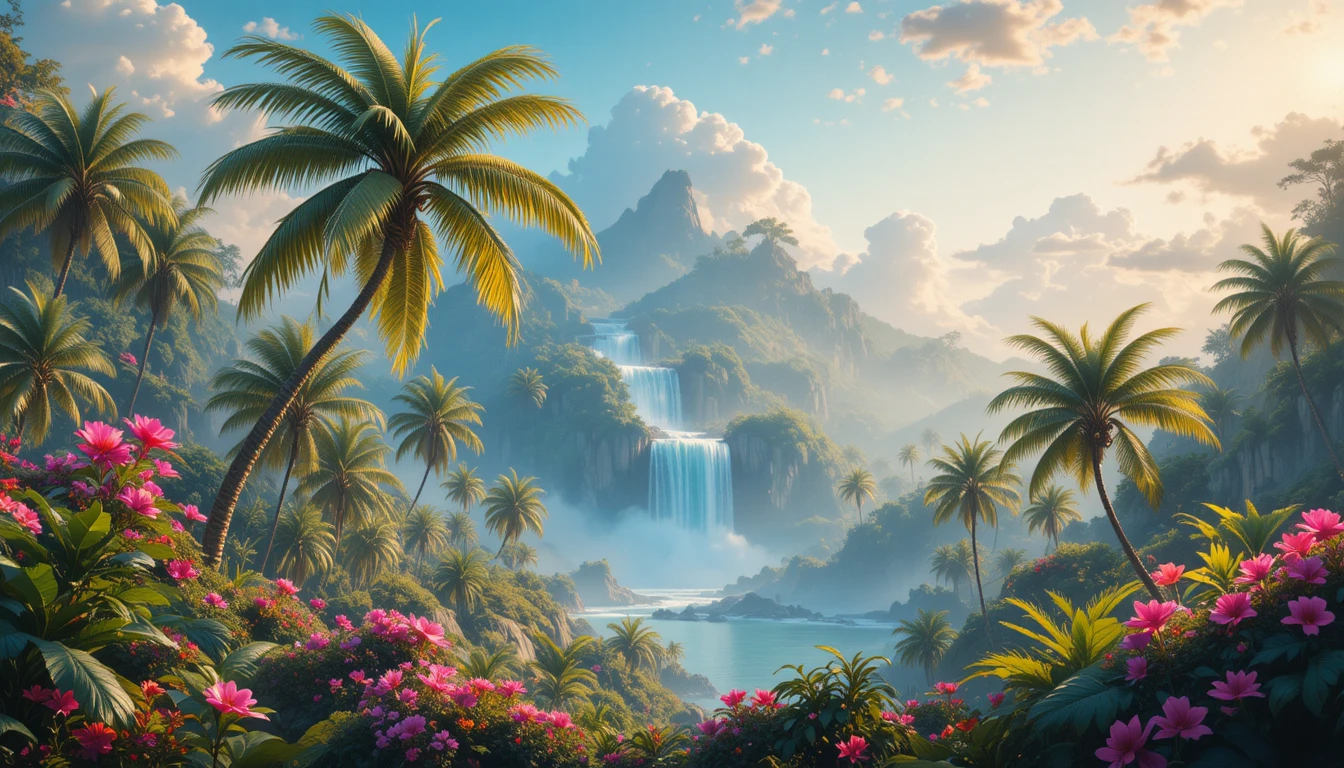 Vibrante paraíso tropical com palmeiras e cachoeira ao fundo