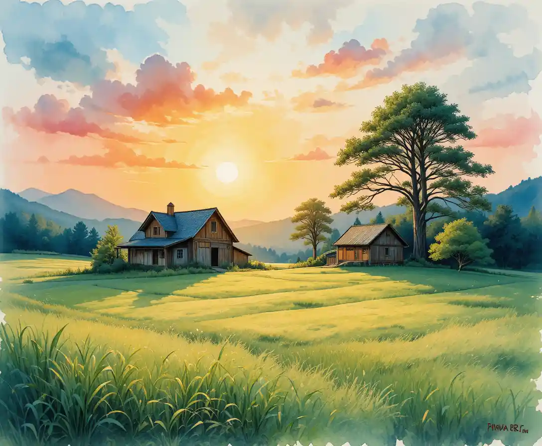 Aquarell-Sonnenuntergang über einem rustikalen Bauernhaus in grünen Feldern