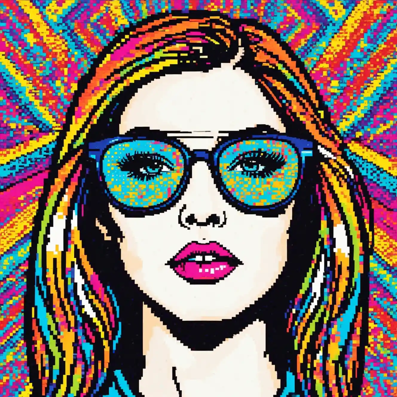 Psychedelisches Pop-Art-Porträt eines Mädchens mit Sonnenbrille