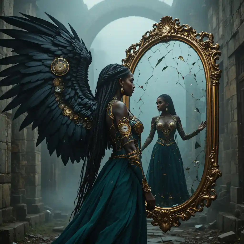 Winged woman in foggy ancient ruins before cracked mirror