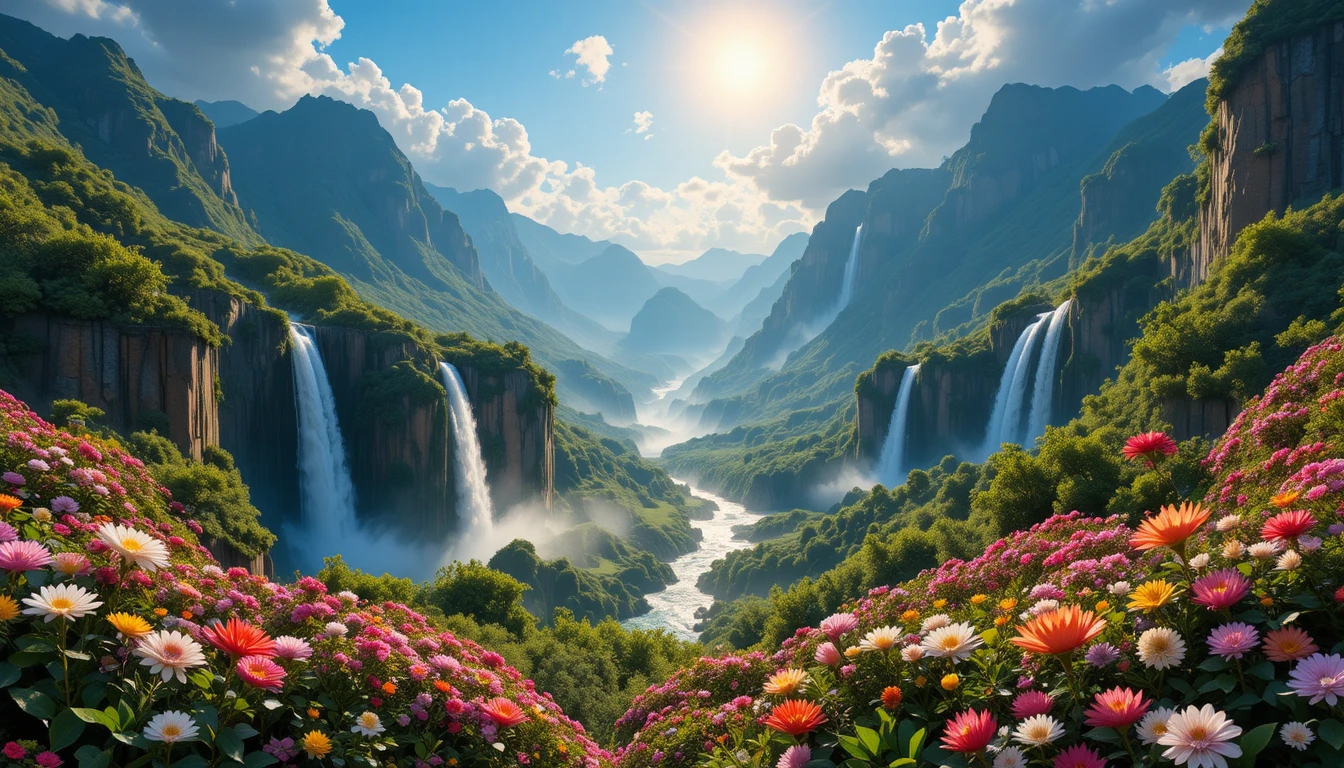 Chutes de montagne ensoleillées avec végétation luxuriante et fleurs