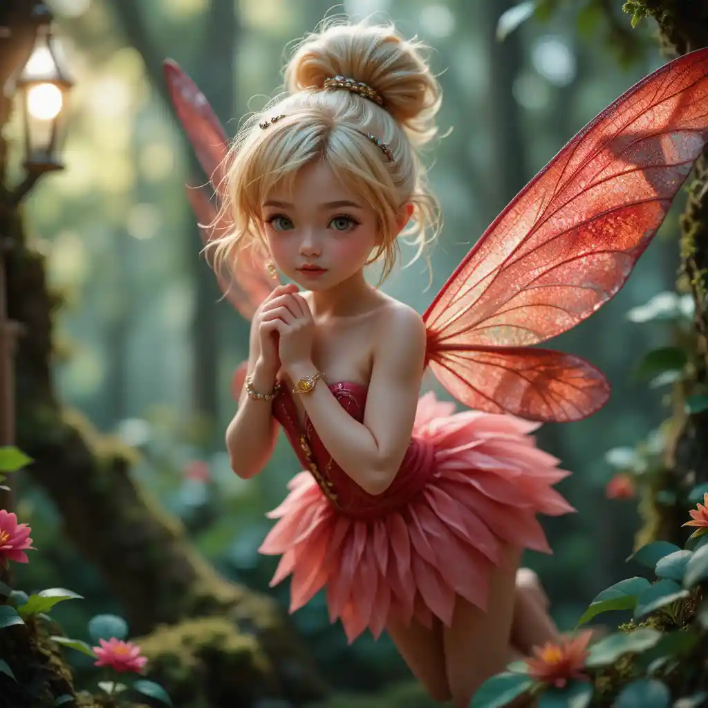 Blonde fairy girl flying in a magical treehouse