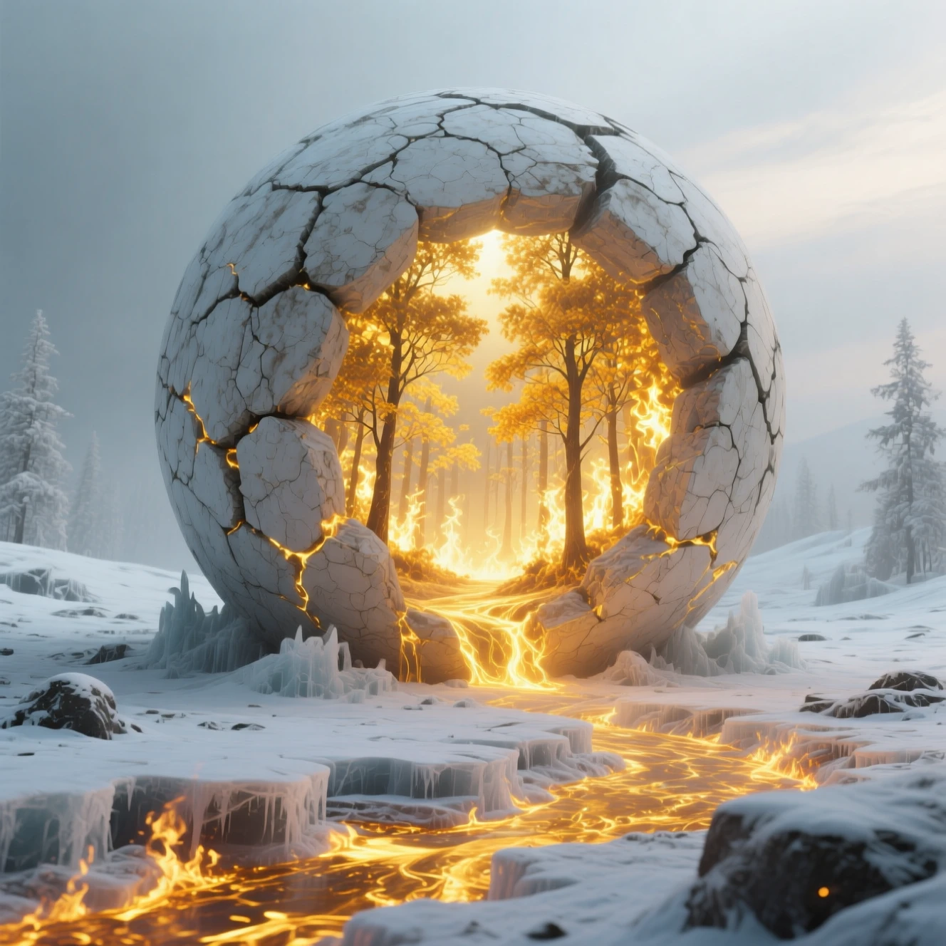 Esfera colossal rachada brilhando em um deserto surreal congelado
