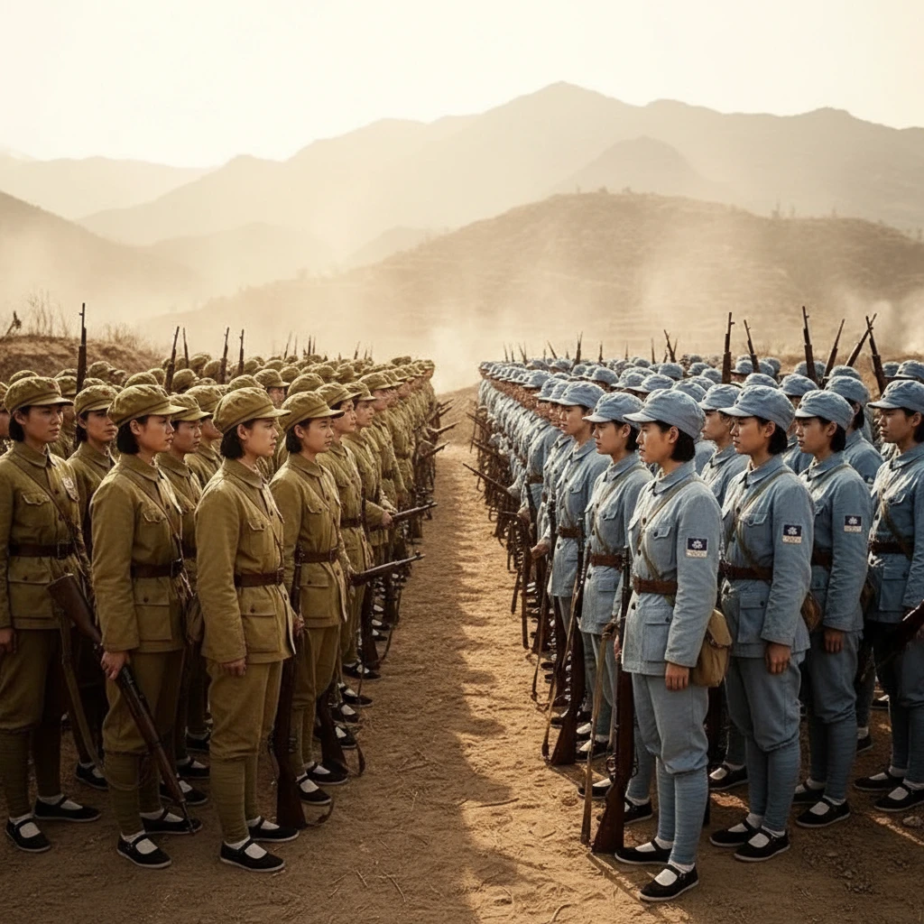 戦時編成で向かい合う中国軍の姉妹兵士たち