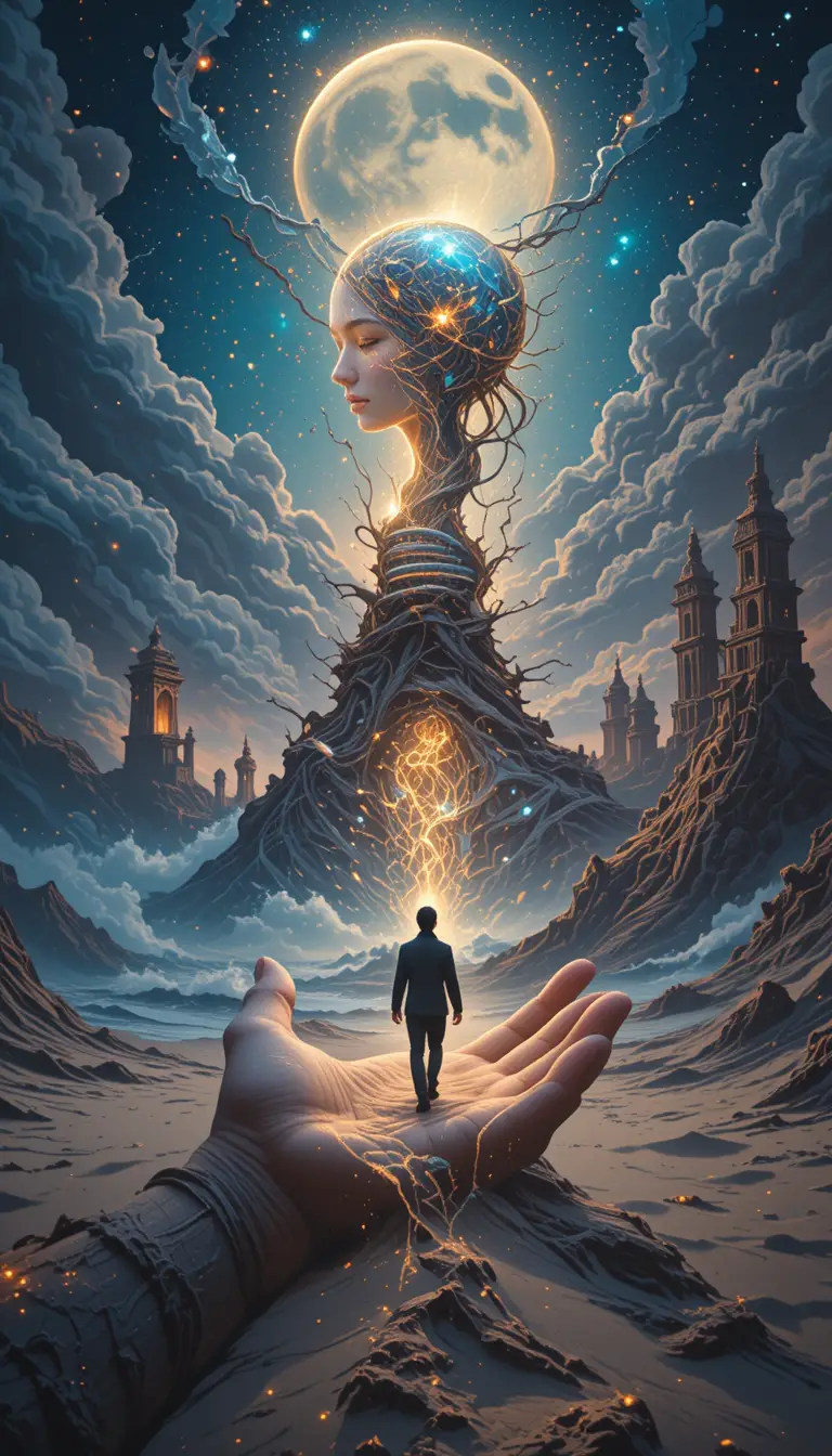 Surreal glowing light bulb world cradled in a human hand