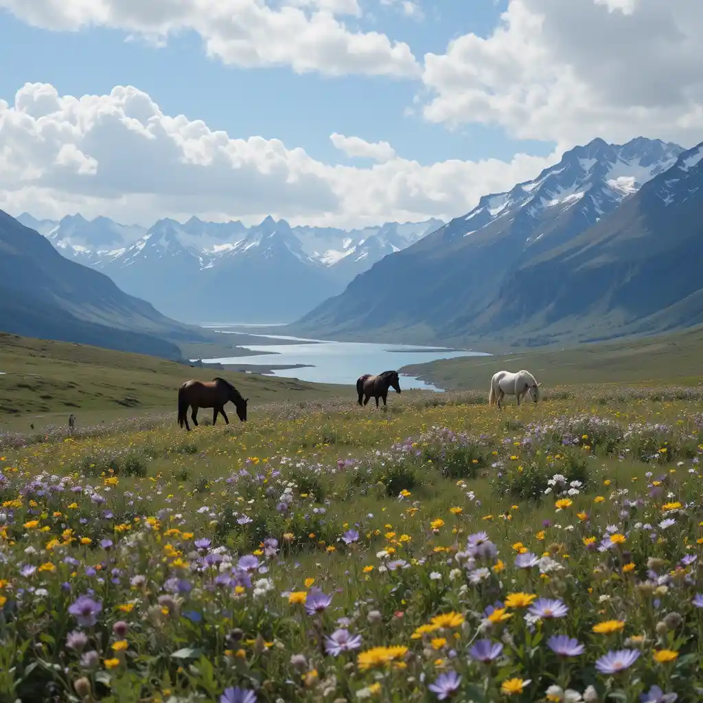 Cheval broutant dans un champ de fleurs sauvages près de montagnes enneigées