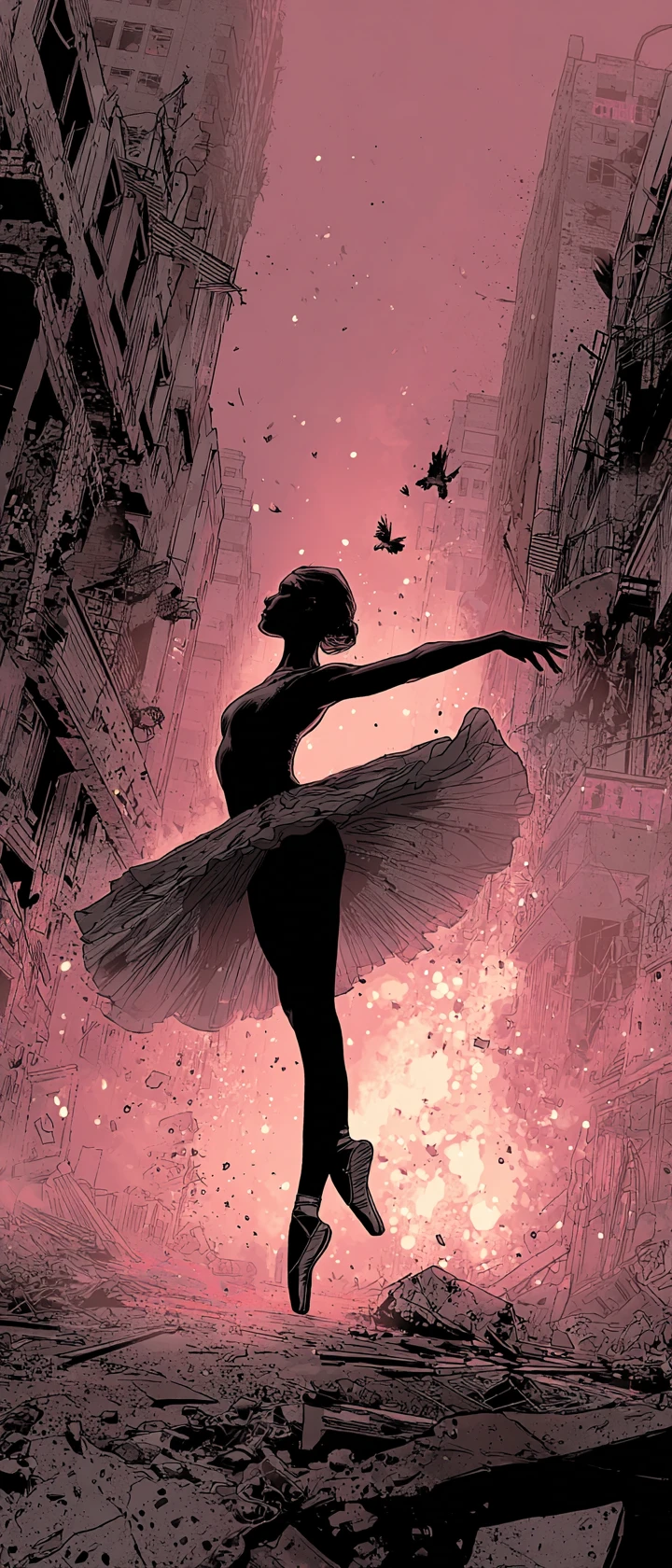 Young ballerina pirouette in a ruined monochrome city