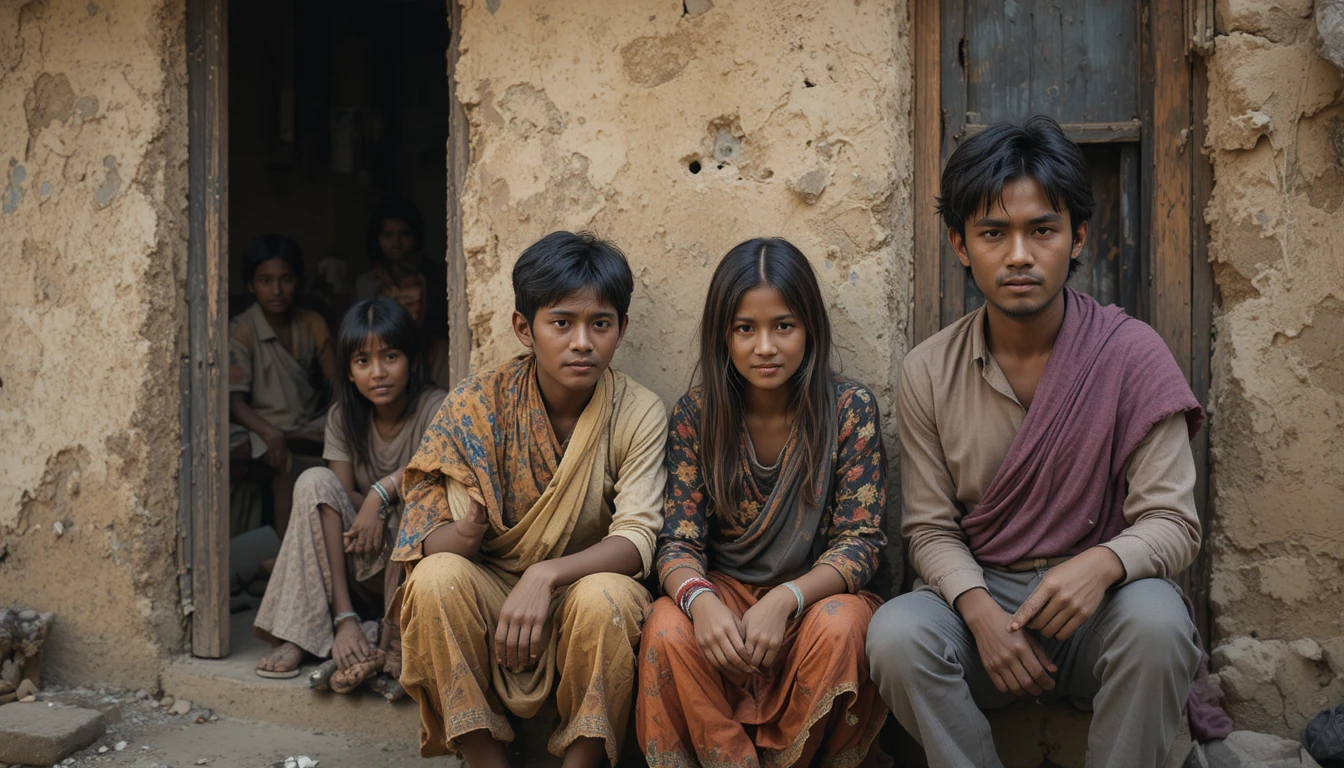 Indian village family outside a small rustic mud house