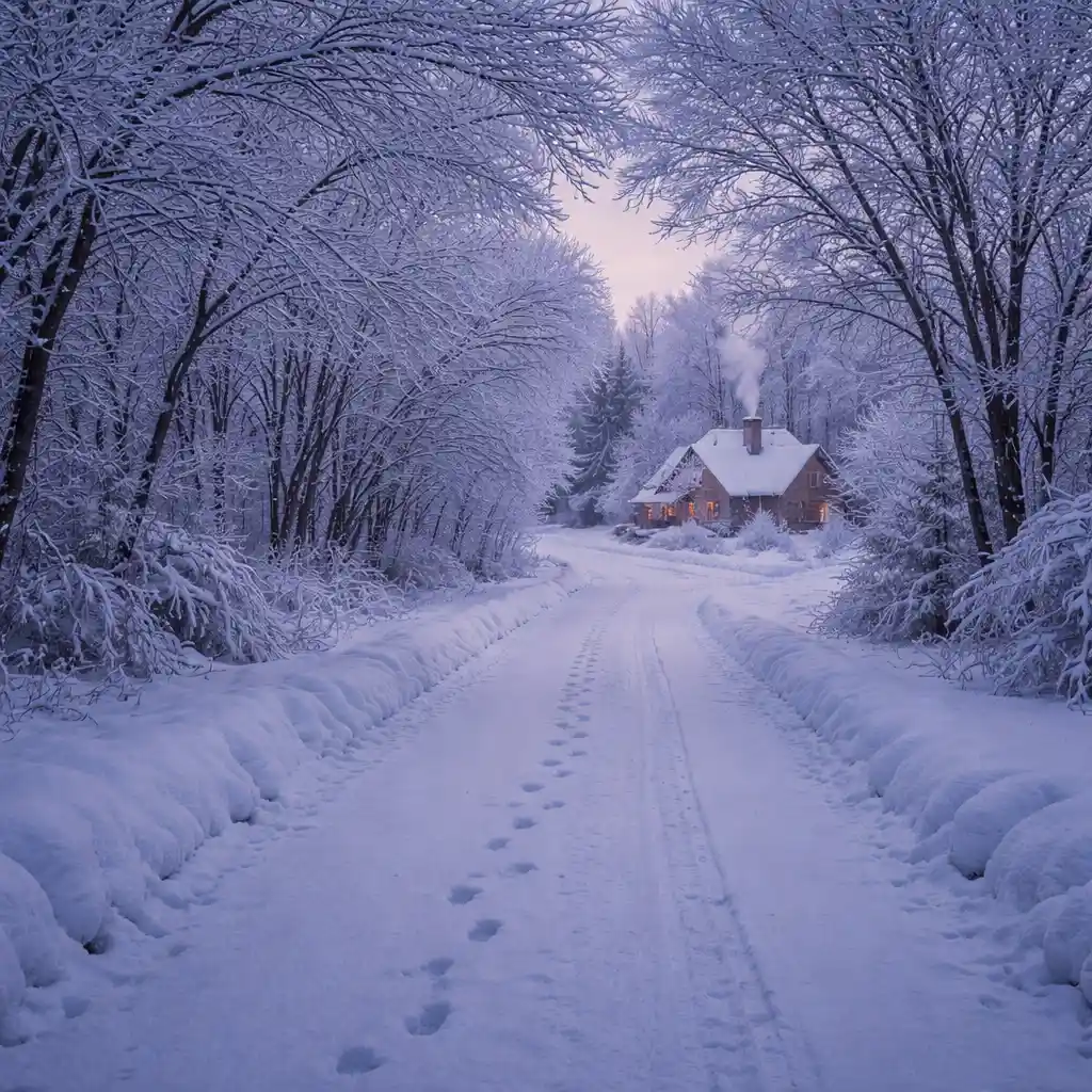 Camino rural nevado que lleva a una lejana casa de invierno
