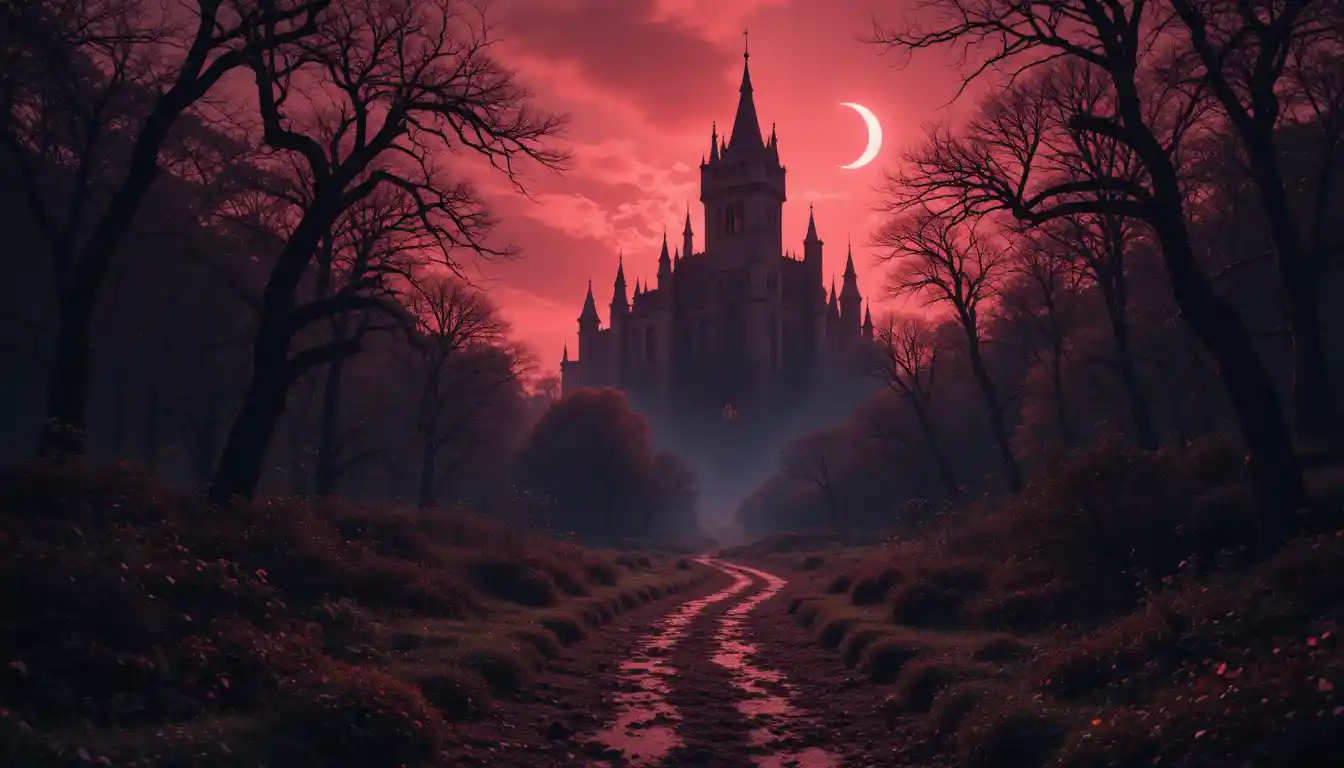 Eerie forest trail leading toward a looming gothic castle