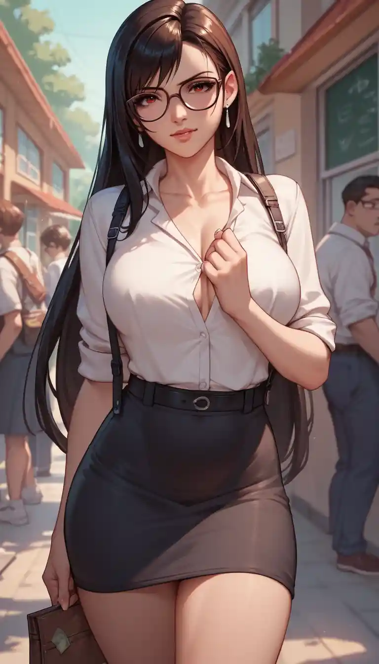 Anime teacher with glasses in a school classroom