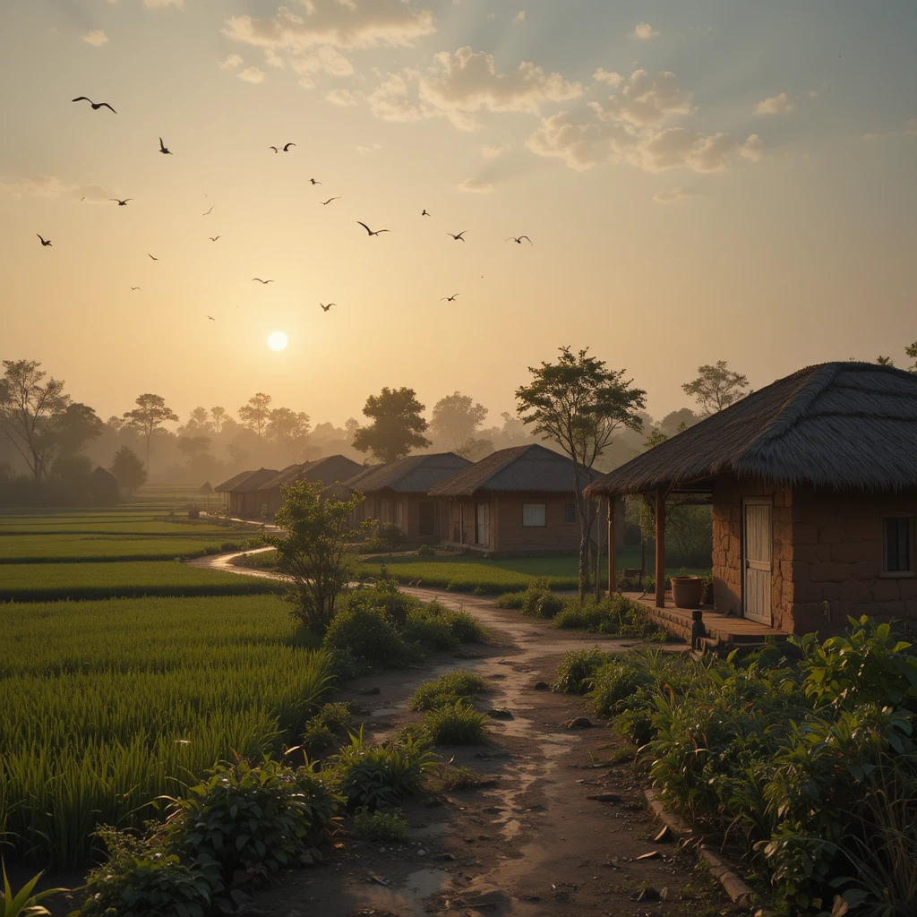 Peaceful Indian village houses at sunrise with open fields