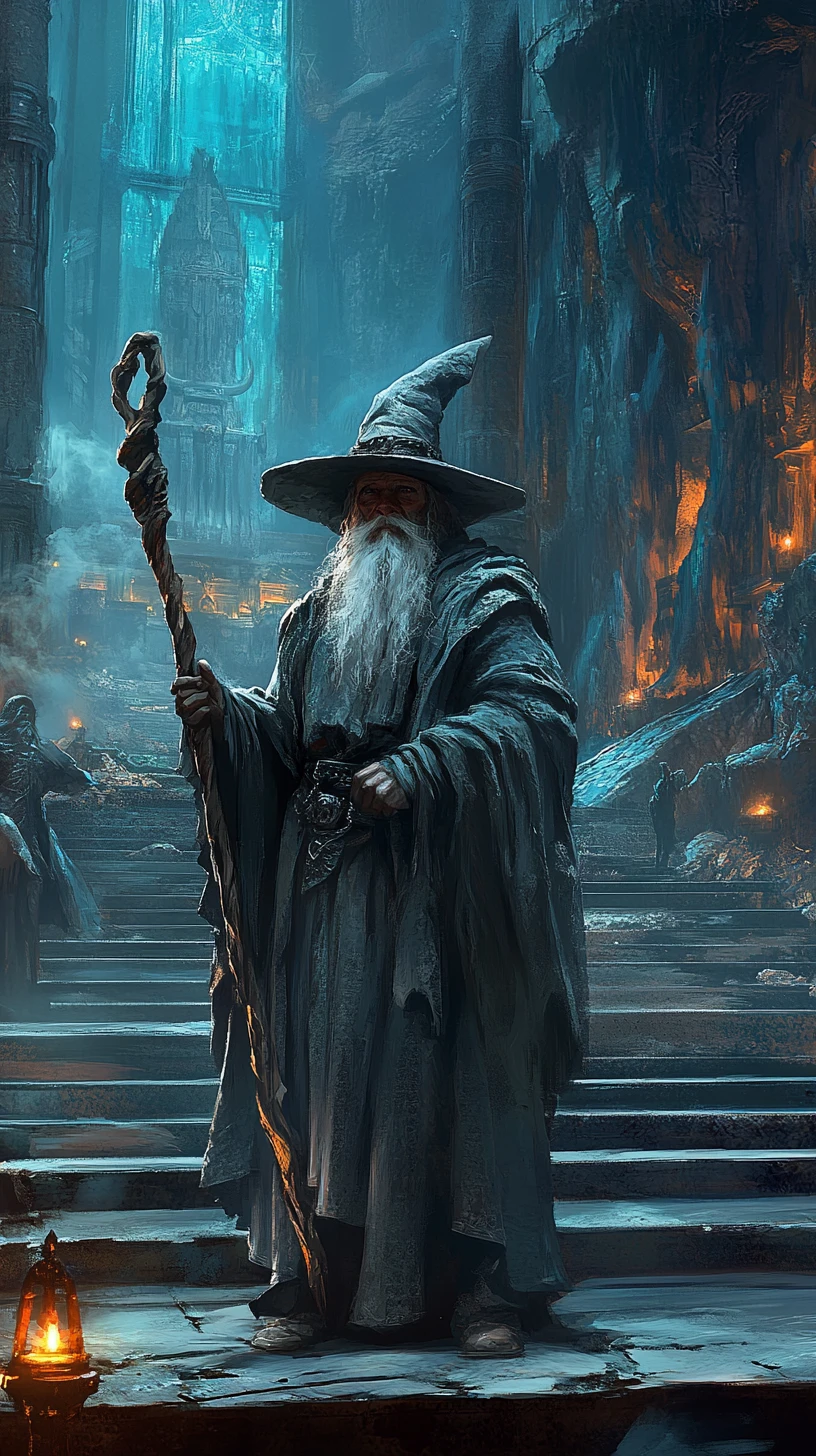 Velho mago em templo de caverna de pedra com cajado e colunas