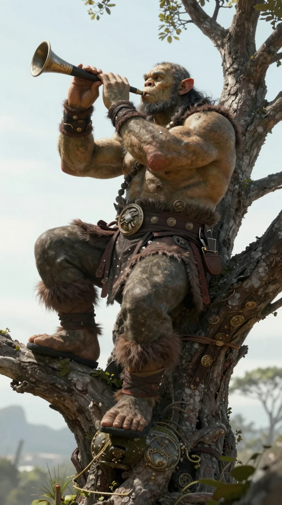 Guerrero orco en un árbol alto tocando una flauta de madera