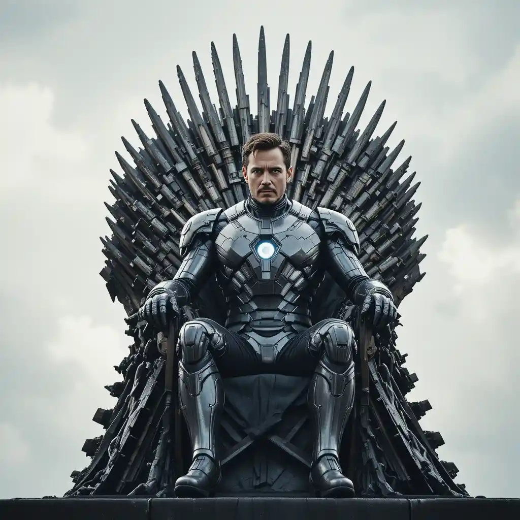 Armored sci fi man seated on a medieval iron throne
