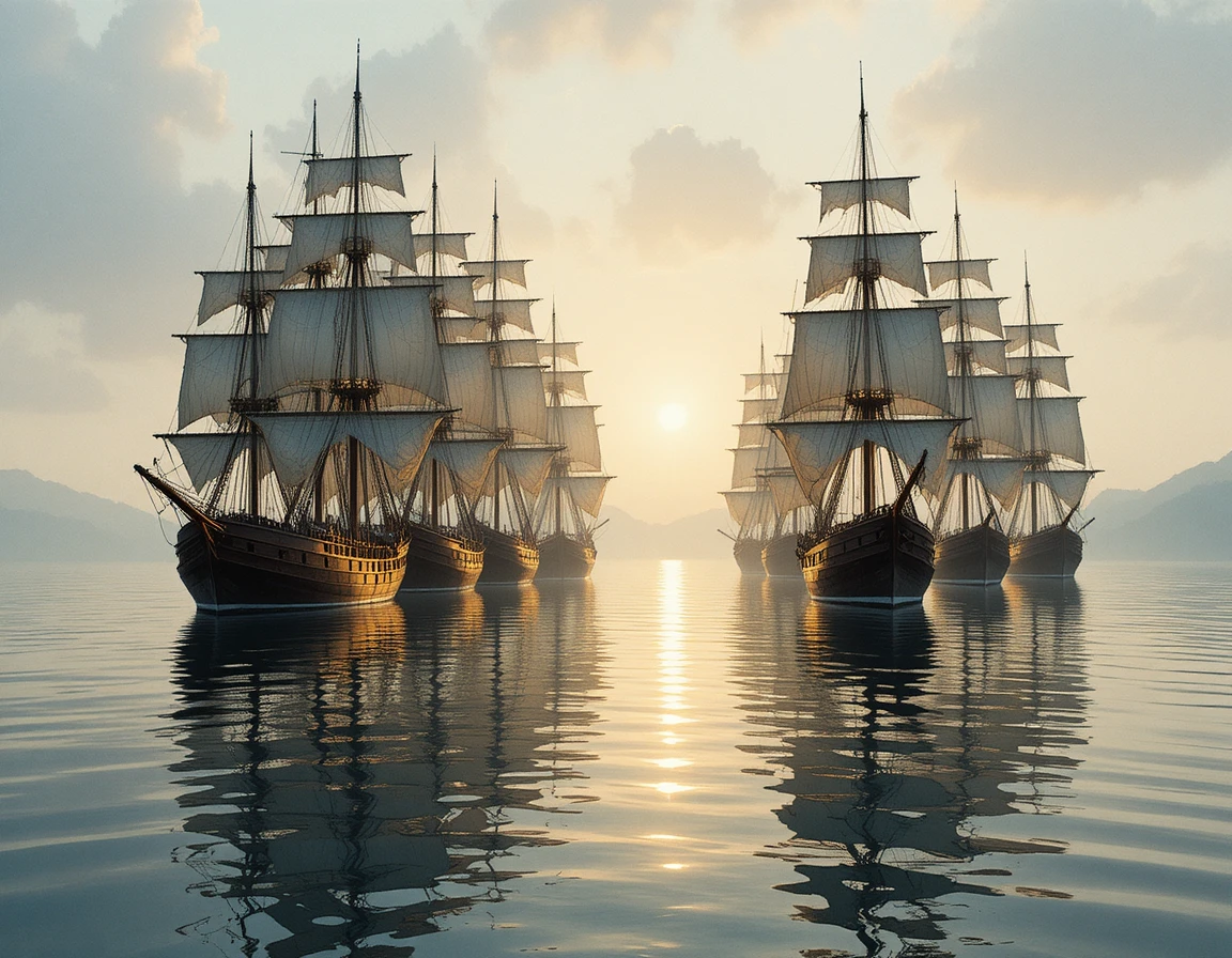 Fleet of schooners at dawn on a tranquil wide river