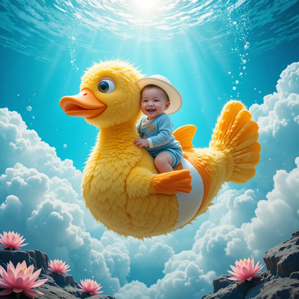 Bebê alegre montando um peixe-palhaço gigante em fantasia submarina