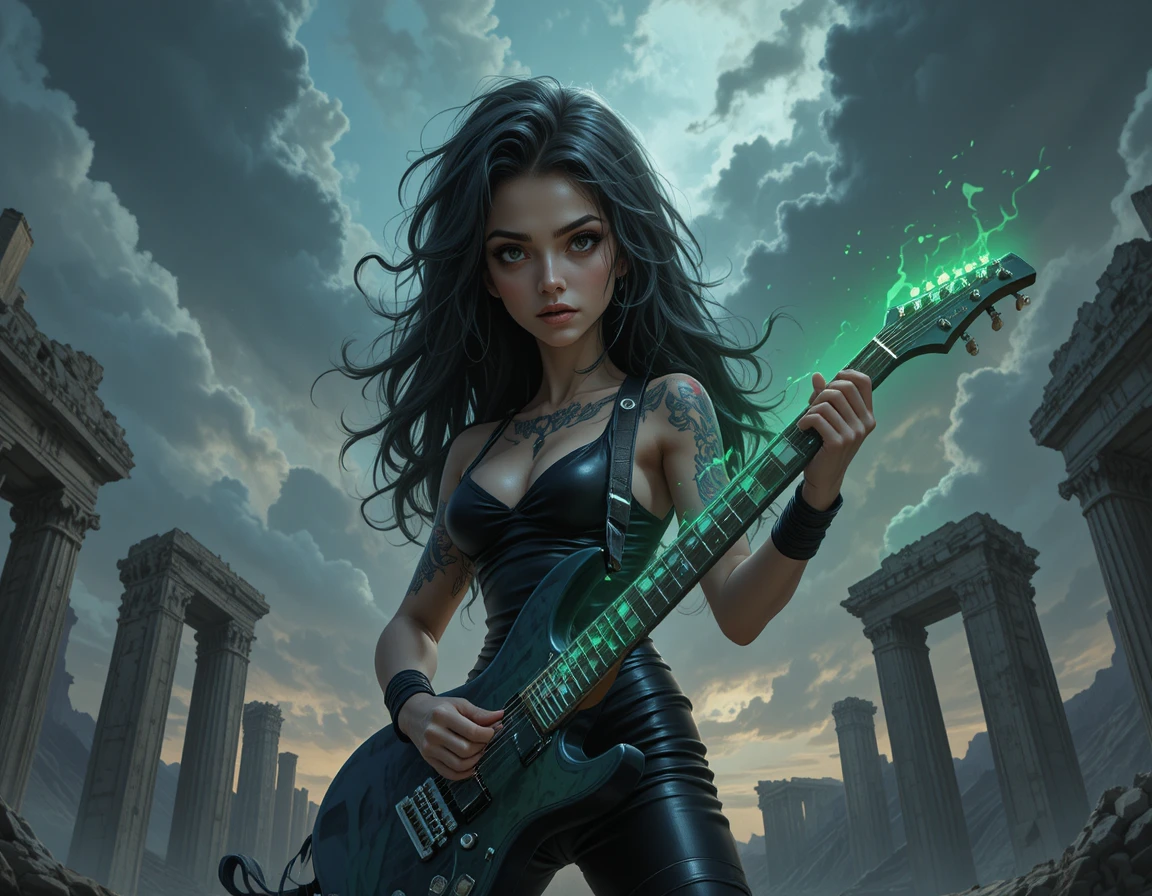 Mulher musculosa com cabelo de serpente tocando guitarra elétrica