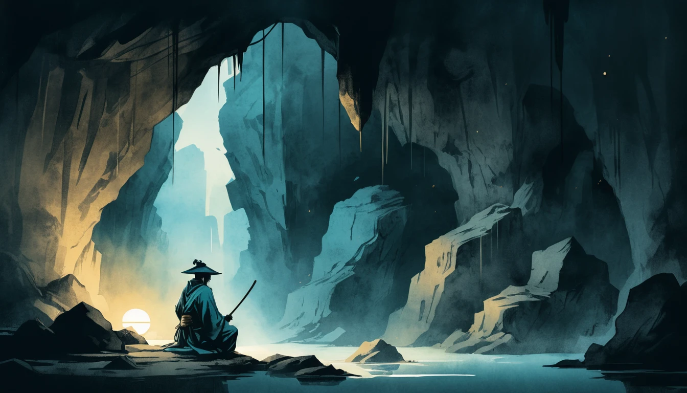 Samurai meditando em caverna sombria com orbe luminoso no peito