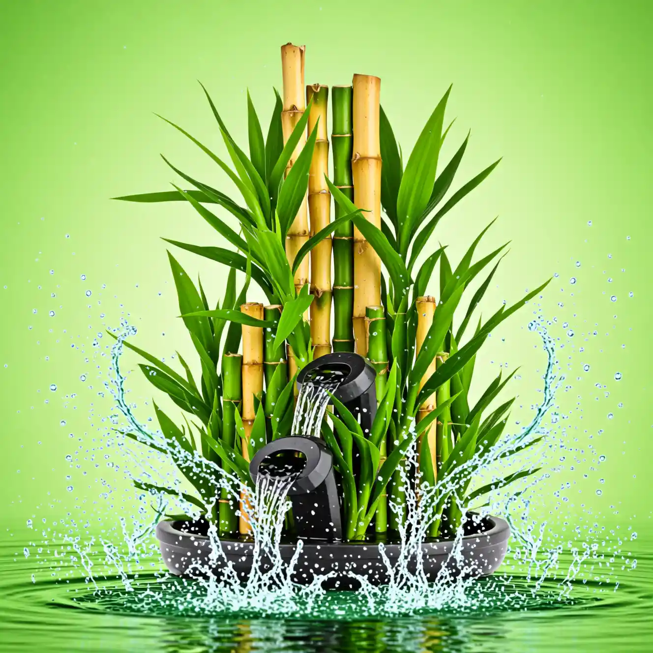 寧靜竹製噴泉與繁茂水生植物的水藝術
