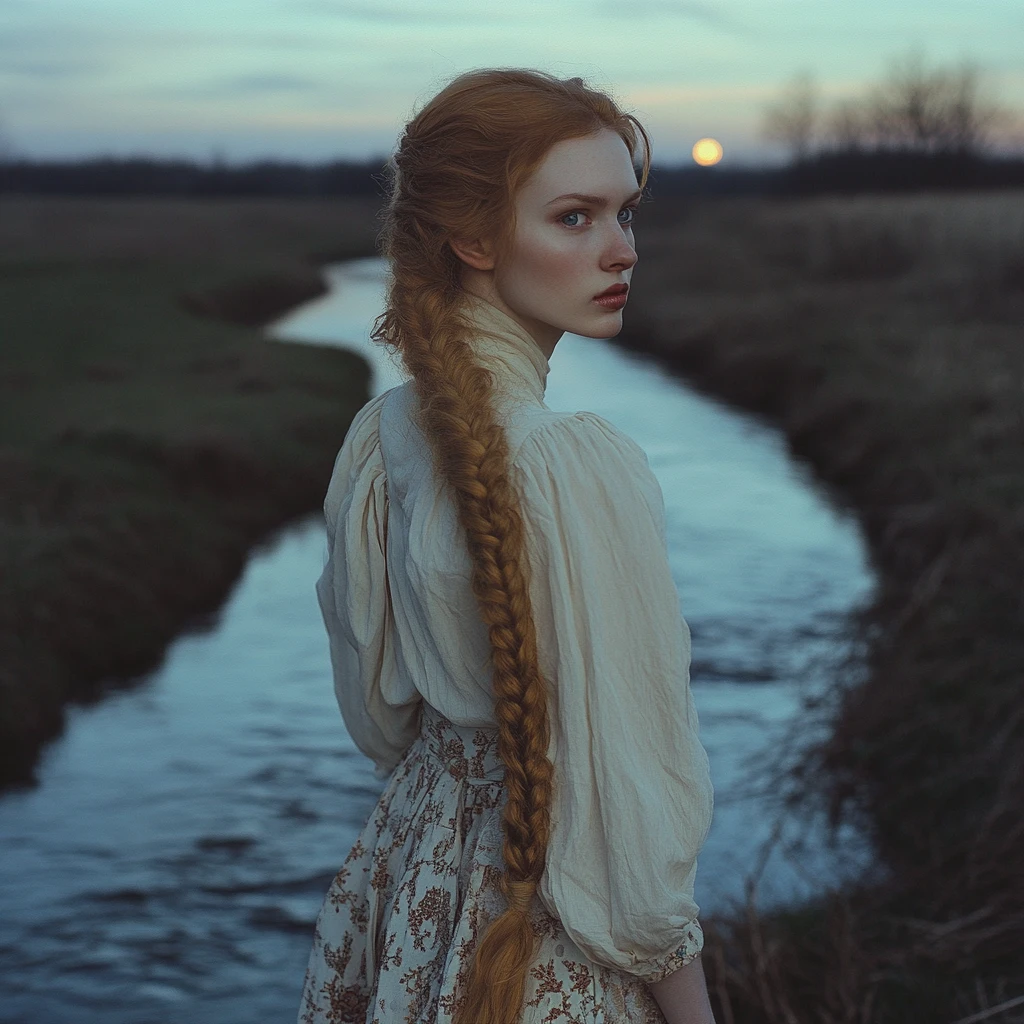Girl standing by a moonlit river with braided golden hair
