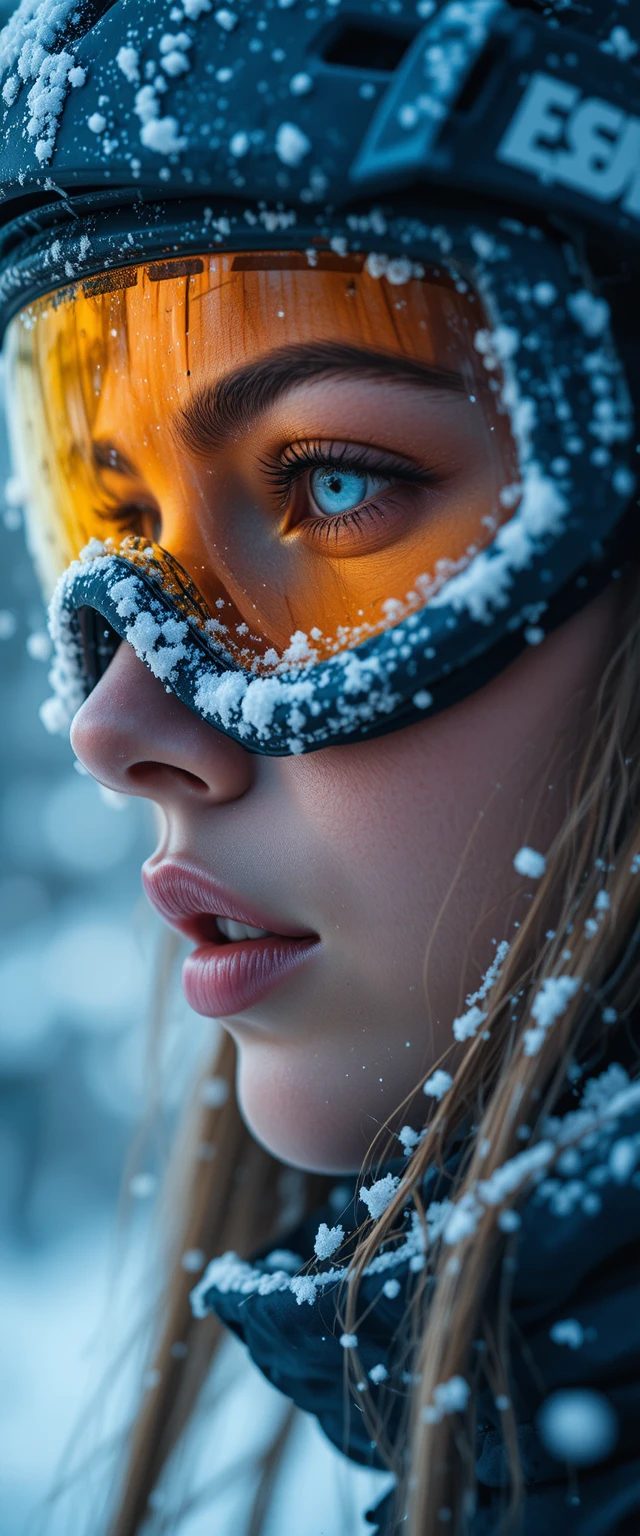 Athlète féminine concentrée en portrait cinématographique serré sous la neige