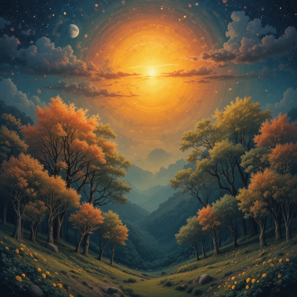 下有夕陽、上有明月的繽紛森林黃昏