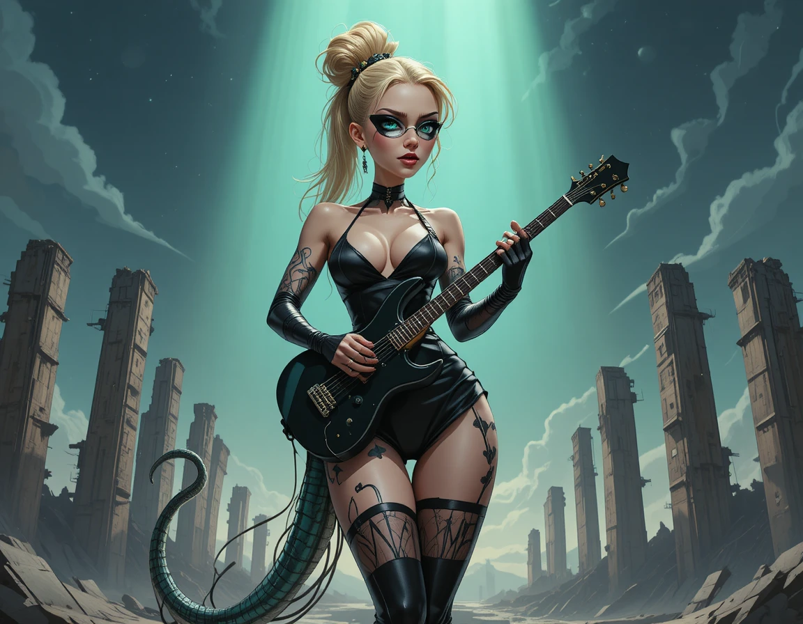 Mulher musculosa com cabelo de serpente tocando guitarra elétrica